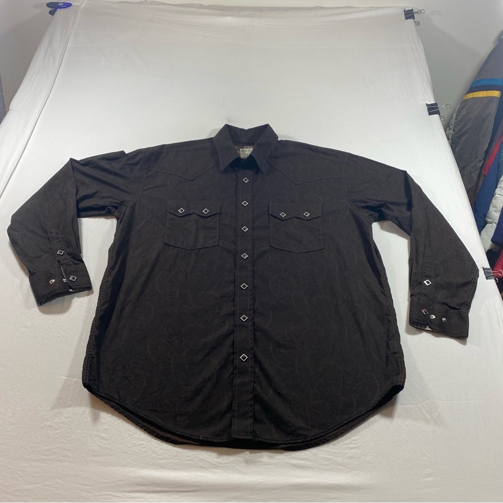 Panhandle Rough stock Shirt Pearl Snap Button Brown Paisley Front Pockets Plaid